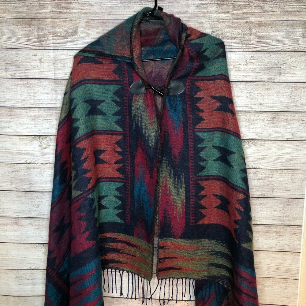 Multi Color Hooded Aztec Fringe Shawl Poncho